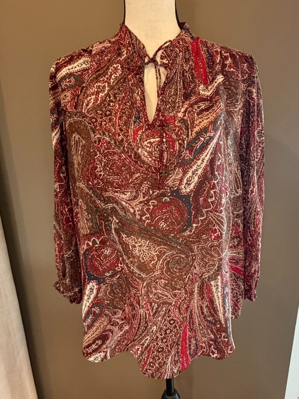 Chaps Denim Brown Paisley Long Sleeve Office Tie 3/4 Sleeve, Size Large